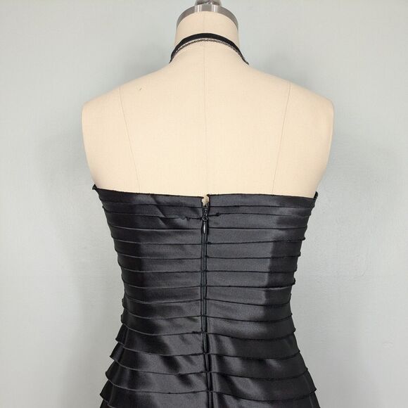 BCBG Prom Dress Maxi Gown 10 Black Ruffle Strapless Glam Goth Satin Tier Classic - Picture 5 of 14